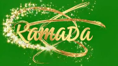 Canlandırılmış altın metin 'Ramazan' canlı yeşil bir zemin üzerinde ışıltılı parçacıklar ile beliriyor, İslam bayramını kutlamak ve selamlamak için ideal..