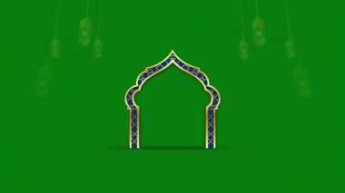 Animasyon Ramazan Kareem arka planında geleneksel fenerler ve canlı yeşil bir perdeye karşı süslü bir İslami kemer bulunmaktadır..