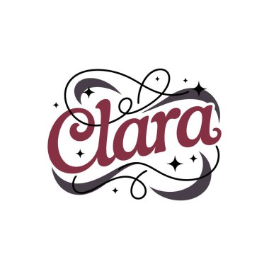 Clara 'yı dekoratif girdaplar ve küçük yıldızlarla kodlayan stilize bir metin logosu.