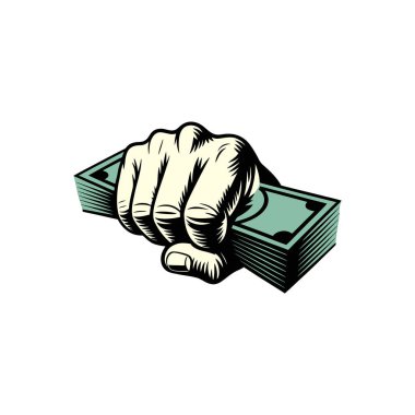 Elini sıkıca kavrayıp servetini ve finansal başarısını temsil eden bir yığın nakit parayı sıkıca kavrıyor.