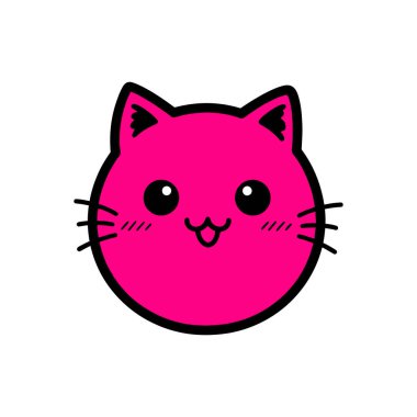 Bıyıklı, parlak pembe yuvarlak kedi kafası ve neşeli bir gülümseme çizimi.