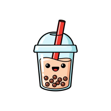 Playful cartoon bubble tea cup featuring boba pearls and a bright straw
