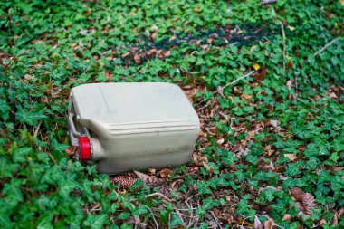 A gray Oil plastic canister with a red cap lies on a forest clearing, ivy creeps around the sides, pine cones and dry leaves scatter nearby, a stark reminder about waste left in nature