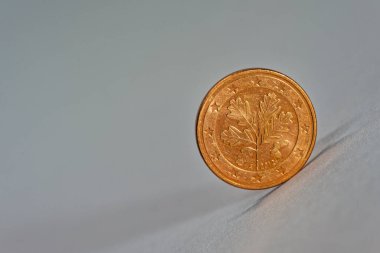 Avrupa 'nın küçük para birimi ve günlük para kullanımını sembolize eden meşe yaprağı motifli bir 1 avroluk bozuk paranın ayrıntılı görünümü.