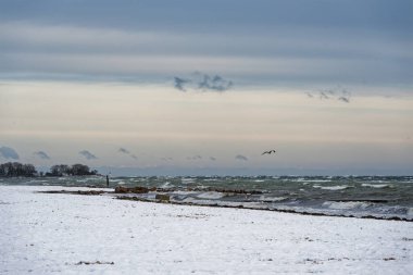 Kar, 9 Ocak 2026 'daki kış fırtınası sırasında Kiel yakınlarında Strande' de Elli Goretti sahilinde buzlu Baltık Denizi kıyıları ve aşırı kış koşullarını gösteriyordu.