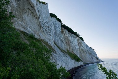 Mons Moens Klint 'in uzun beyaz tebeşir kayalıkları Baltık Denizi üzerinde yükseliyor, dramatik kıyı jeolojisi, erozyon ve ikonik İskandinav doğası sergiliyor.