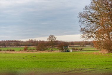 Düz yeşil bir alan, ağaçlar tarafından çerçevelenmiş, uzaktaki yapıya benzer küçük bir kuleye götürür. Bu da kırsal alanda tek başına duran bir kurulum olduğunu gösterir..