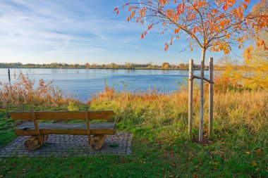 Huzurlu bir parktaki ahşap bir bank, sakin bir göle bakar. Etrafı canlı sonbahar ağaçları ve güneşli bir günde açık mavi gökyüzü ile çevrilidir..