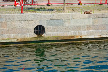 Dikilmiş ağaçlarla döşenmiş fayanslı bir patika taş işçiliğiyle çevrili bir kanalın yanında uzanır. Kırmızı inşaat bariyerleri yolun bir kısmını tıkıyor ve suyun içine yuvarlak bir tahliye ızgarası açılıyor..