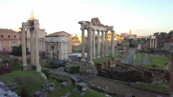 Fantastica Vista Tramonto Nell Antico Foro Romano Resti Templi Strutture — Video Stock