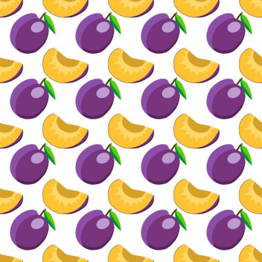 Tema üzerine resim büyük, renksiz mor erik, fok balığı için parlak meyve deseni. Güzel, pürüzsüz tekrar eden eriklerden oluşan meyve deseni. Pürüzsüz eriğin basit renkli desenli meyvesi.