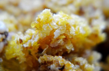 Altın nektarla doldurulmuş altıgen bal peteklerinden bir damla bal damlıyor. Bal peteği yaz kompozisyonu. Doğal bal damlası, balmumu çerçeveli arı damlası. Bal damlası bal damlatıyor bal peteğine.