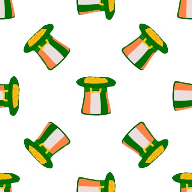 İrlanda bayramı temalı Aziz Patrick Günü 'nün tasviri, kusursuz başlıklı şapkalar. Beyaz arka planda pek çok benzer şapkadan oluşan Aziz Patrick Günü deseni. Aziz Patrick Günü 'nün ana aksesuarı..