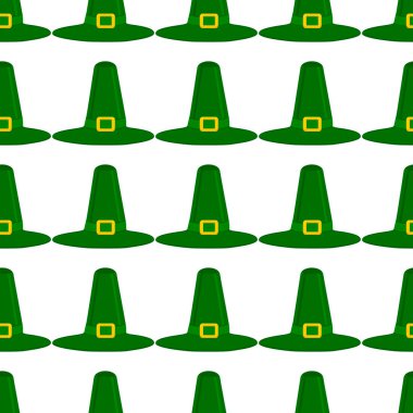 İrlanda bayramı temalı Aziz Patrick Günü 'nün tasviri, kusursuz başlıklı şapkalar. Beyaz arka planda pek çok benzer şapkadan oluşan Aziz Patrick Günü deseni. Aziz Patrick Günü 'nün ana aksesuarı..