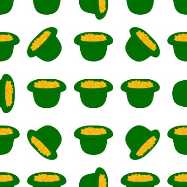 İrlanda bayramı temalı Aziz Patrick Günü 'nün tasviri, kusursuz başlıklı şapkalar. Beyaz arka planda pek çok benzer şapkadan oluşan Aziz Patrick Günü deseni. Aziz Patrick Günü 'nün ana aksesuarı..