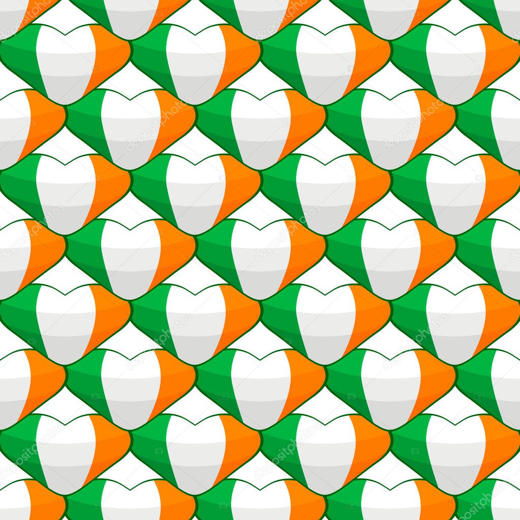 Illustration on theme Irish holiday St Patrick day, seamless color hearts. Pattern St Patrick day consisting of many identical hearts on white background. Hearts it main accessory for St Patrick day.