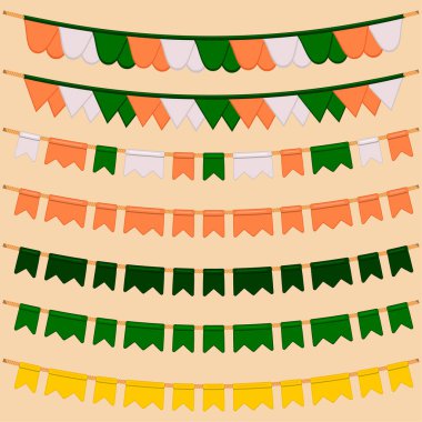 İrlanda bayramı Aziz Patrick günü, ipteki bayraklardan oluşan büyük bir set. Parlak arka planda ipte bir sürü farklı bayraktan oluşan Aziz Patrick günü. Aziz Patrick Günü için ana aksesuar..