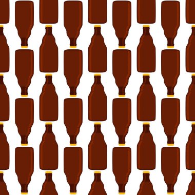 Bira fabrikası için kapaklı dikişsiz bira şişeleri üzerine resim. Beyaz arka planda birbirinin aynı cam şişelerden oluşan patern birası. Cam şişeler bira gurmesi için ana aksesuar..