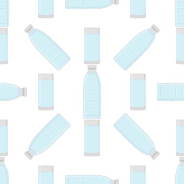 Tema setindeki çizimler içme suyu için aynı tipte plastik şişeler. Mutfak aksesuarları, organik yiyecekler için plastik şişelerden oluşan su deseni. Plastik şişelerdeki lezzetli su.