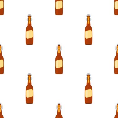 Bira fabrikası için kapaklı dikişsiz bira şişeleri üzerine resim. Beyaz arka planda birbirinin aynı cam şişelerden oluşan patern birası. Cam şişeler bira gurmesi için ana aksesuar..