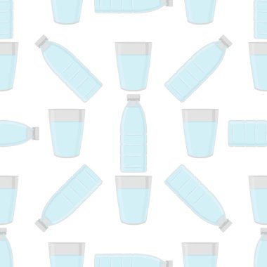 Tema setindeki çizimler içme suyu için aynı tipte plastik şişeler. Mutfak aksesuarları, organik yiyecekler için plastik şişelerden oluşan su deseni. Plastik şişelerdeki lezzetli su.