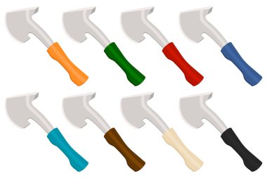 Temalı, ahşap saplı çelik baltalar ve avlanmak için metal balta. Beyaz arka planda birçok farklı eksenlerden oluşan desen baltası. Sahte baltalar ana aksesuar erkek, hayatta kalmak için balta.