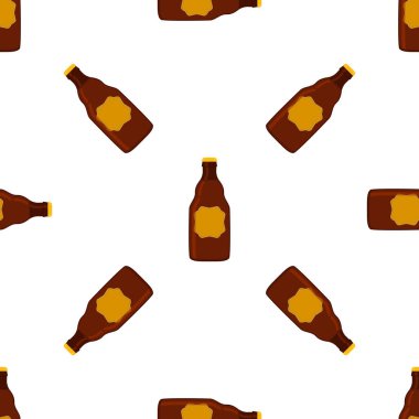 Bira fabrikası için kapaklı dikişsiz bira şişeleri üzerine resim. Beyaz arka planda birbirinin aynı cam şişelerden oluşan patern birası. Cam şişeler bira gurmesi için ana aksesuar..