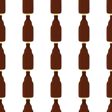 Bira fabrikası için kapaklı dikişsiz bira şişeleri üzerine resim. Beyaz arka planda birbirinin aynı cam şişelerden oluşan patern birası. Cam şişeler bira gurmesi için ana aksesuar..