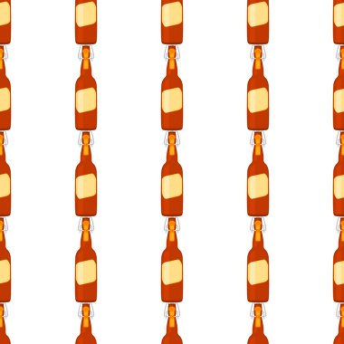 Bira fabrikası için kapaklı dikişsiz bira şişeleri üzerine resim. Beyaz arka planda birbirinin aynı cam şişelerden oluşan patern birası. Cam şişeler bira gurmesi için ana aksesuar..