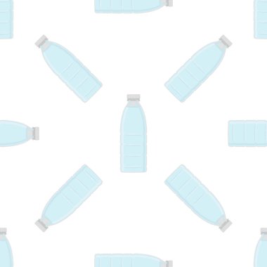 Tema setindeki çizimler içme suyu için aynı tipte plastik şişeler. Mutfak aksesuarları, organik yiyecekler için plastik şişelerden oluşan su deseni. Plastik şişelerdeki lezzetli su.