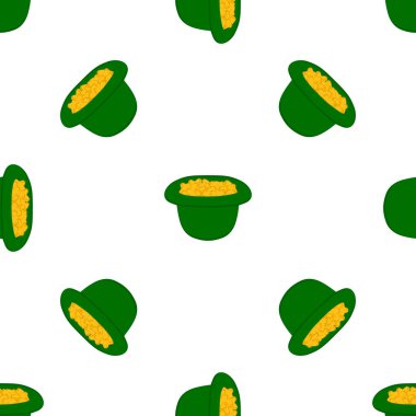 İrlanda bayramı temalı Aziz Patrick Günü 'nün tasviri, kusursuz başlıklı şapkalar. Beyaz arka planda pek çok benzer şapkadan oluşan Aziz Patrick Günü deseni. Aziz Patrick Günü 'nün ana aksesuarı..