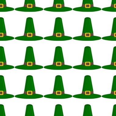 İrlanda bayramı temalı Aziz Patrick Günü 'nün tasviri, kusursuz başlıklı şapkalar. Beyaz arka planda pek çok benzer şapkadan oluşan Aziz Patrick Günü deseni. Aziz Patrick Günü 'nün ana aksesuarı..