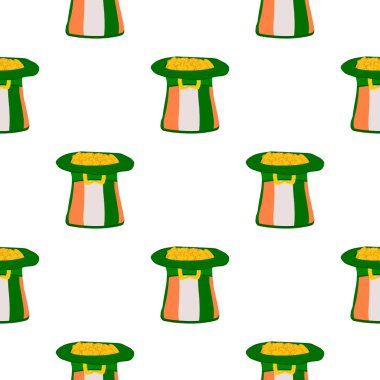 İrlanda bayramı temalı Aziz Patrick Günü 'nün tasviri, kusursuz başlıklı şapkalar. Beyaz arka planda pek çok benzer şapkadan oluşan Aziz Patrick Günü deseni. Aziz Patrick Günü 'nün ana aksesuarı..