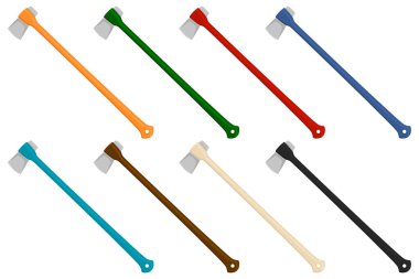 Temalı, ahşap saplı çelik baltalar ve avlanmak için metal balta. Beyaz arka planda birçok farklı eksenlerden oluşan desen baltası. Sahte baltalar ana aksesuar erkek, hayatta kalmak için balta.