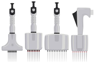 Tema üzerine illüstrasyon büyük kiti farklı tıbbi pipo, laboratuvar için damlatıcı. Arka planda birçok laboratuvar tıbbi pipetinden oluşan patern düşürücü. Laboratuvardan tıbbî pipet.