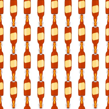 Bira fabrikası için kapaklı dikişsiz bira şişeleri üzerine resim. Beyaz arka planda birbirinin aynı cam şişelerden oluşan patern birası. Cam şişeler bira gurmesi için ana aksesuar..