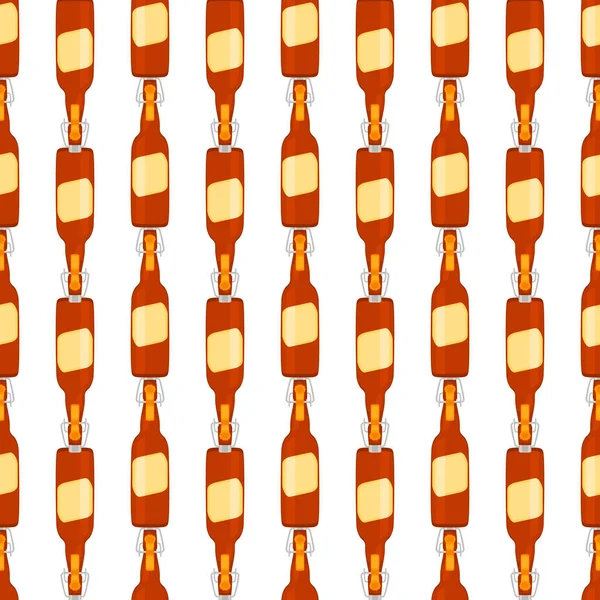 Bira fabrikası için kapaklı dikişsiz bira şişeleri üzerine resim. Beyaz arka planda birbirinin aynı cam şişelerden oluşan patern birası. Cam şişeler bira gurmesi için ana aksesuar..