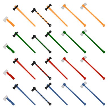 Temalı, ahşap saplı çelik baltalar ve avlanmak için metal balta. Beyaz arka planda birçok farklı eksenlerden oluşan desen baltası. Sahte baltalar ana aksesuar erkek, hayatta kalmak için balta.