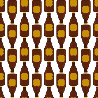 Bira fabrikası için kapaklı dikişsiz bira şişeleri üzerine resim. Beyaz arka planda birbirinin aynı cam şişelerden oluşan patern birası. Cam şişeler bira gurmesi için ana aksesuar..