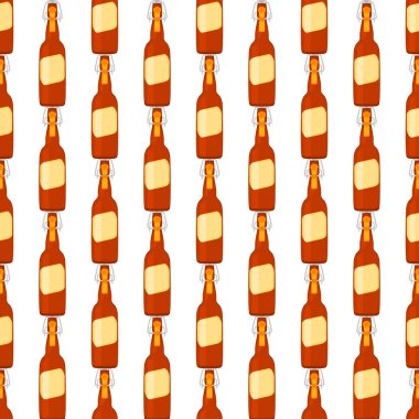 Bira fabrikası için kapaklı dikişsiz bira şişeleri üzerine resim. Beyaz arka planda birbirinin aynı cam şişelerden oluşan patern birası. Cam şişeler bira gurmesi için ana aksesuar..