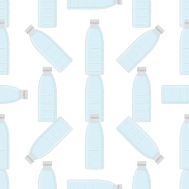 Tema setindeki çizimler içme suyu için aynı tipte plastik şişeler. Mutfak aksesuarları, organik yiyecekler için plastik şişelerden oluşan su deseni. Plastik şişelerdeki lezzetli su.