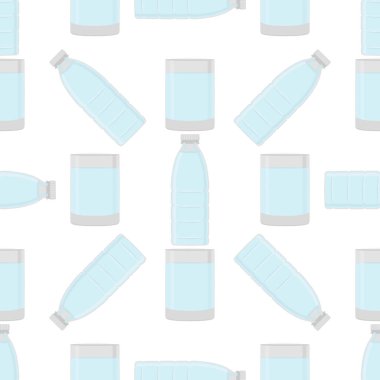 Tema setindeki çizimler içme suyu için aynı tipte plastik şişeler. Mutfak aksesuarları, organik yiyecekler için plastik şişelerden oluşan su deseni. Plastik şişelerdeki lezzetli su.