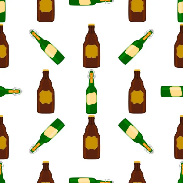 说明主题无缝啤酒瓶与盖啤酒厂 模式啤酒包括许多相同的玻璃瓶白色背景 玻璃瓶是啤酒味精的主要配料 — 图库矢量图片