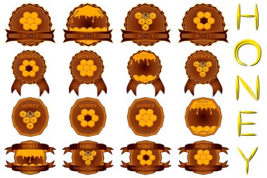 Bal peteğinde bal akan büyük şeker seti etiketi teması. Etiket kalıbı, arıdan ayrılan bal peteğindeki yapışkan baldan oluşuyor. Bal bal peteğinden parlak etikete.