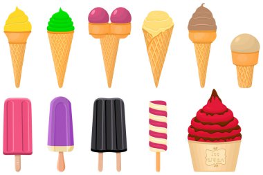 Koni waffle bardağında farklı şekillerde dondurma şerbeti teması. Dondurma külahta lezzetli süt şerbetinden oluşmaktadır. Dondurma külahına şerbet, tatlı doğal tatlı dondurması.