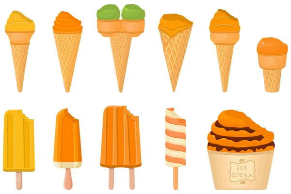 说明主题大套餐冰淇淋冰棒在锥形华夫饼杯中的不同类型 冰淇淋 包括美味的冰棍在锥形华夫饼杯 冰棒圆锥华夫饼杯 天然甜点冰淇淋 — 图库矢量图片
