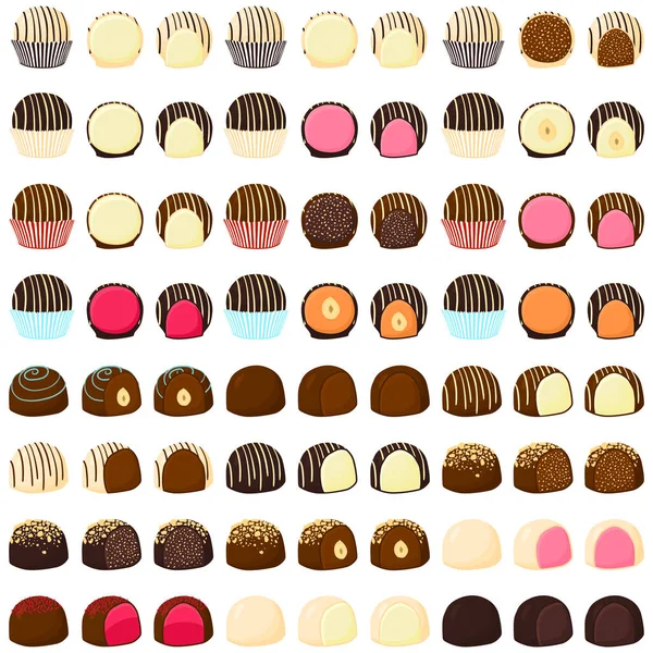 Ilustración Sobre Tema Hermoso Gran Conjunto Bombones Dulces Chocolate Bonbón — Vector de stock