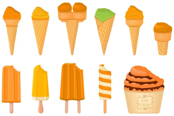 说明主题大套餐冰淇淋冰棒在锥形华夫饼杯中的不同类型 冰淇淋 包括美味的冰棍在锥形华夫饼杯 冰棒圆锥华夫饼杯 天然甜点冰淇淋 — 图库矢量图片