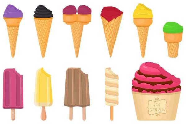 Иллюстрация Тему Большого Набора Мороженого Эскимо Различных Типов Конусной Вафельной — стоковый вектор