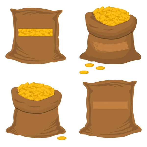 テーマのイラスト大きな色セット異なるタイプのバッグ コインのフル袋 オープンバッグ上のコレクションヒープ黄金のコインで構成される袋パターン コイン袋に保管するための主なアクセサリーそれを袋 — ストックベクタ